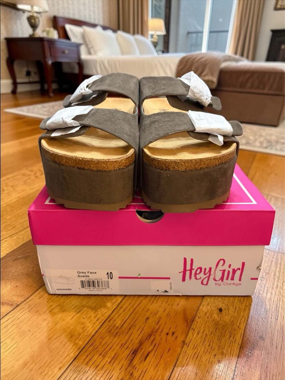 Hey Girl by Corkys Wannabe Platform Slide Sandals in Grey Faux Suede